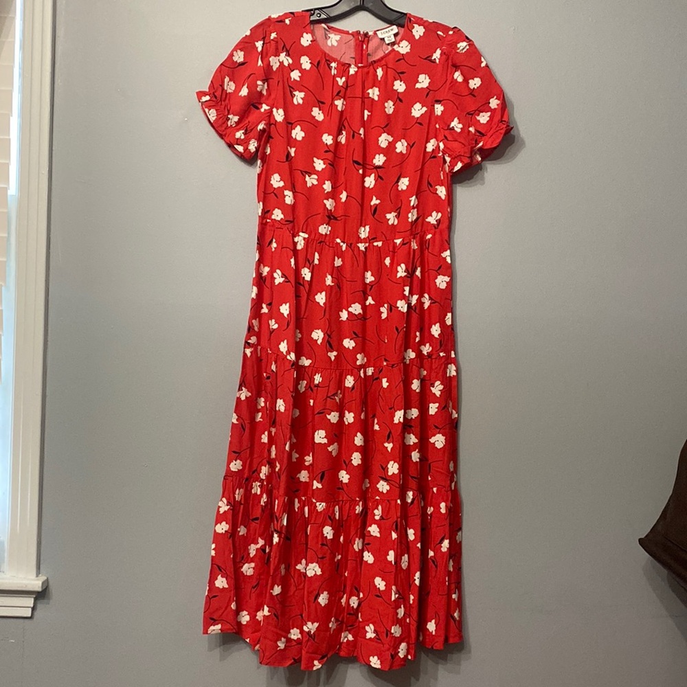 J. Crew Red Floral puff-sleeve tiered midi dress.